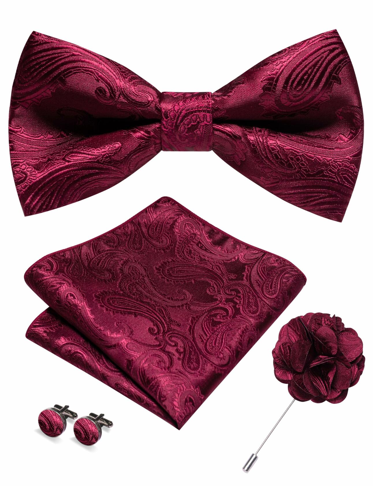 RBOCOTT Red Paisley Bow Tie Pocket Square Lapel Pin Cufflinks Set for Men