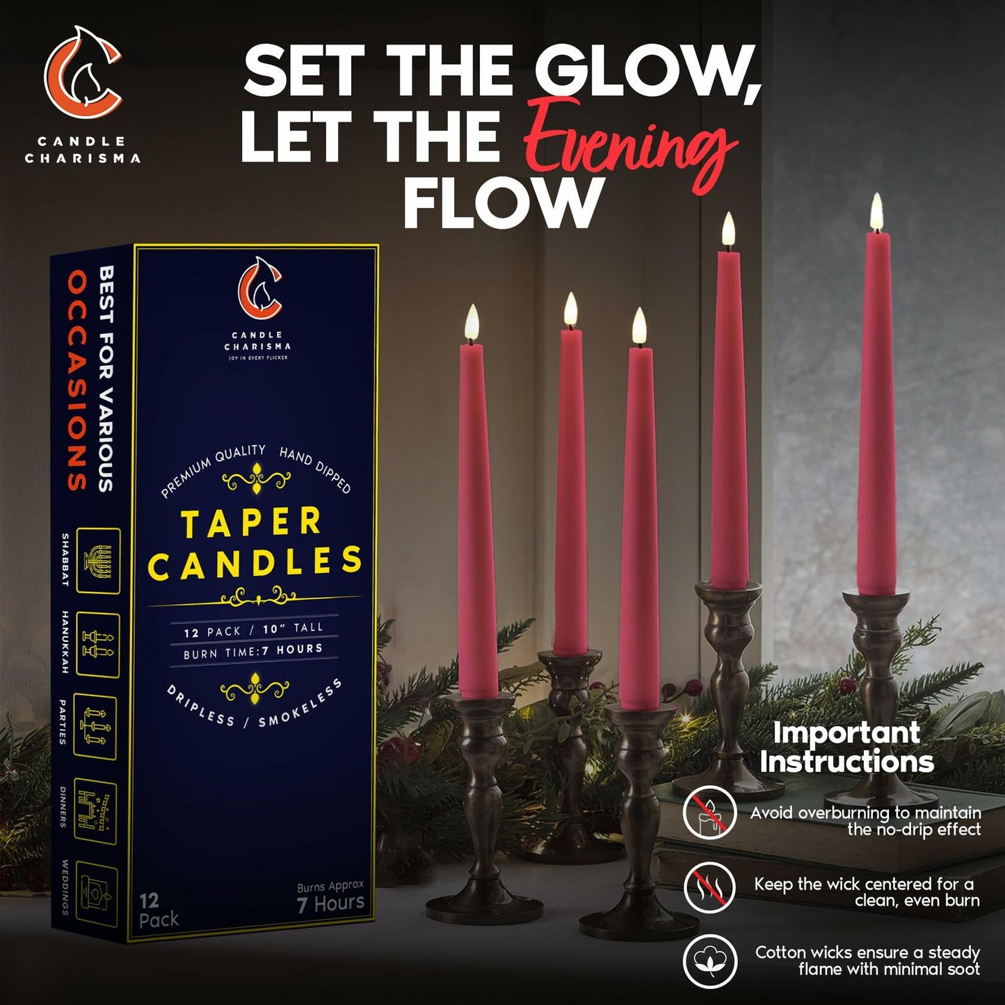 Hot Pink 10 Inch Taper Candles Pack of 12 Unscented Dripless Smokeless