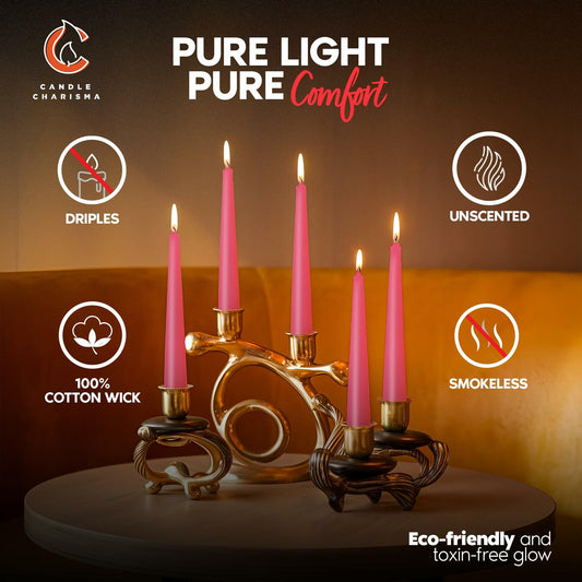 Hot Pink 10 Inch Taper Candles Pack of 12 Unscented Dripless Smokeless