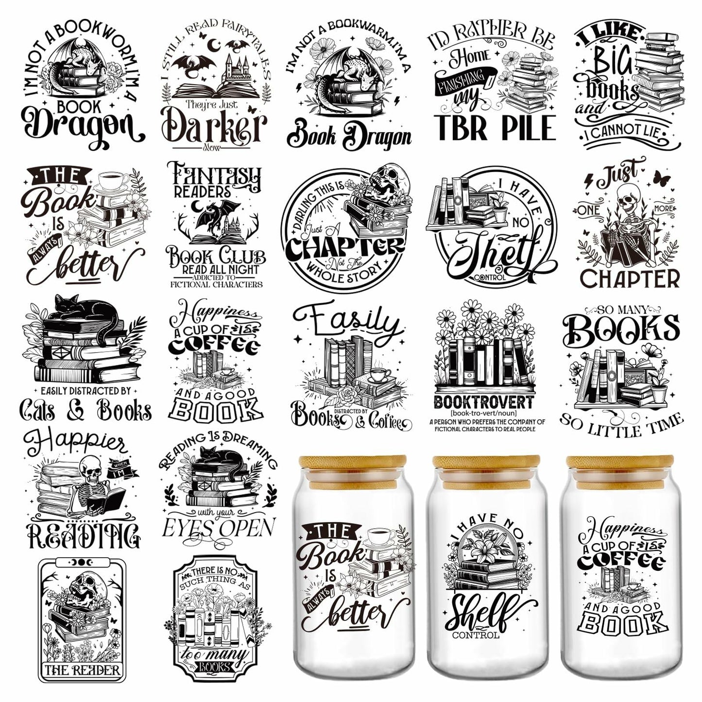 AFRITEE UV DTF Cup Wraps 20 Sheets 16-20oz Tumbler Black Cat Hippo Dog