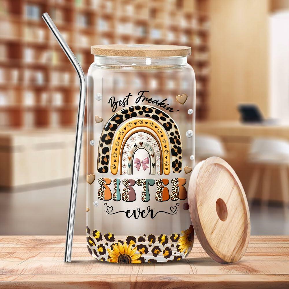 9BUTERFLY Sunflower Leopard Coffee Glass Mug 16oz Bamboo Lid Straw