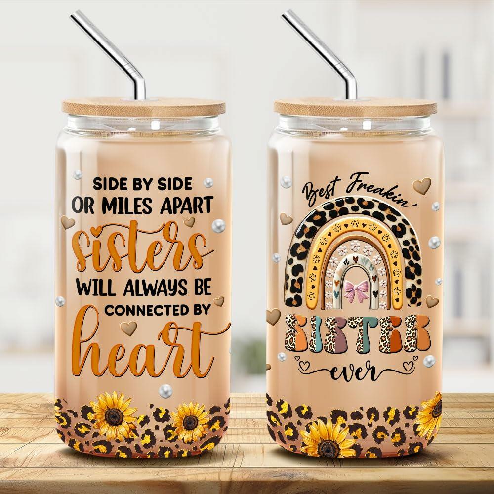 9BUTERFLY Sunflower Leopard Coffee Glass Mug 16oz Bamboo Lid Straw