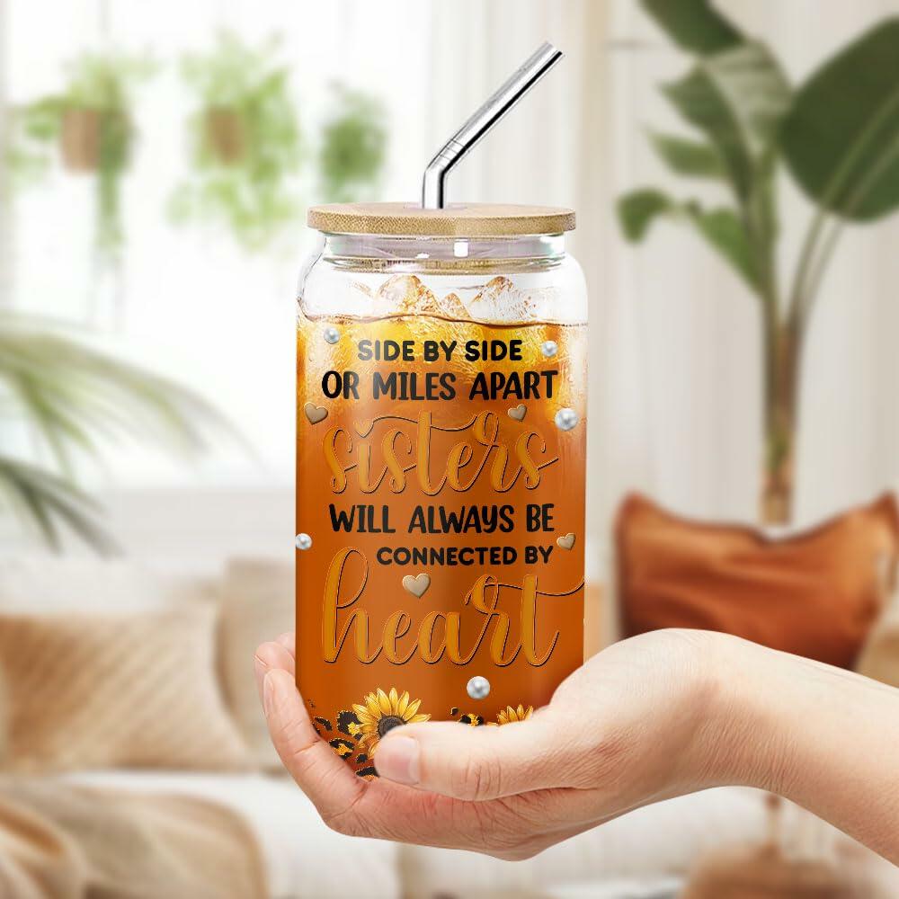 9BUTERFLY Sunflower Leopard Coffee Glass Mug 16oz Bamboo Lid Straw