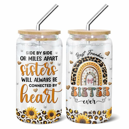 9BUTERFLY Sunflower Leopard Coffee Glass Mug 16oz Bamboo Lid Straw