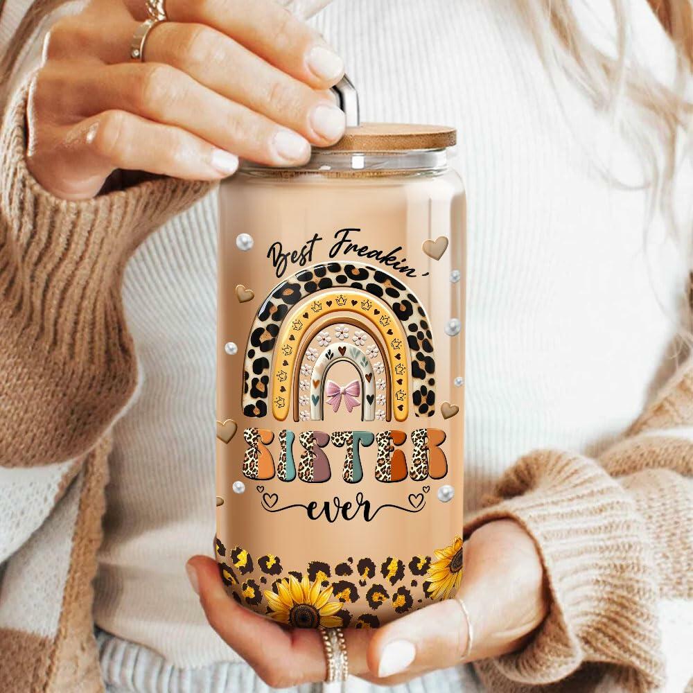 9BUTERFLY Sunflower Leopard Coffee Glass Mug 16oz Bamboo Lid Straw