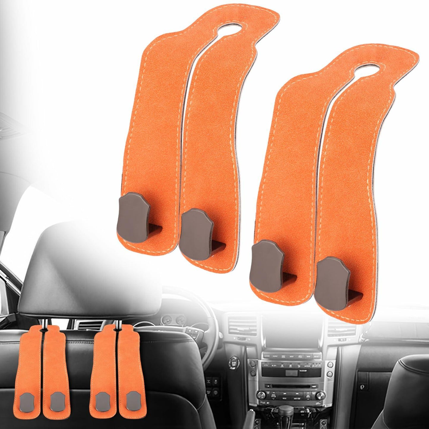 MMonDod 2 PCS Car Headrest Hooks Double Metal Holder Orange 4 Hooks