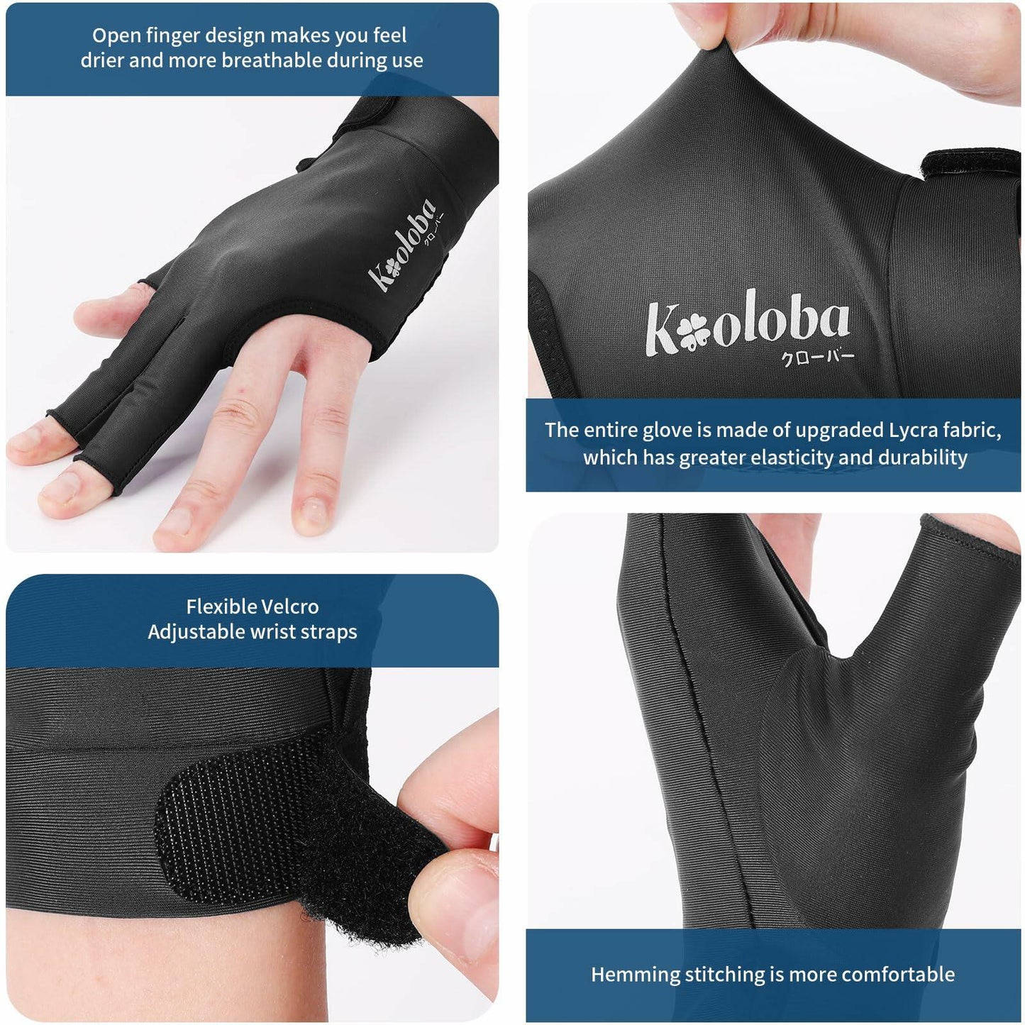 Kooloba Pool Glove Left Hand 3 Finger Snooker Billiards Adjustable Velcro Blue M