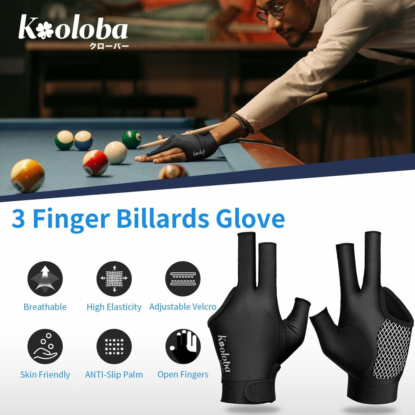 Kooloba Pool Glove Left Hand 3 Finger Snooker Billiards Adjustable Velcro Blue M