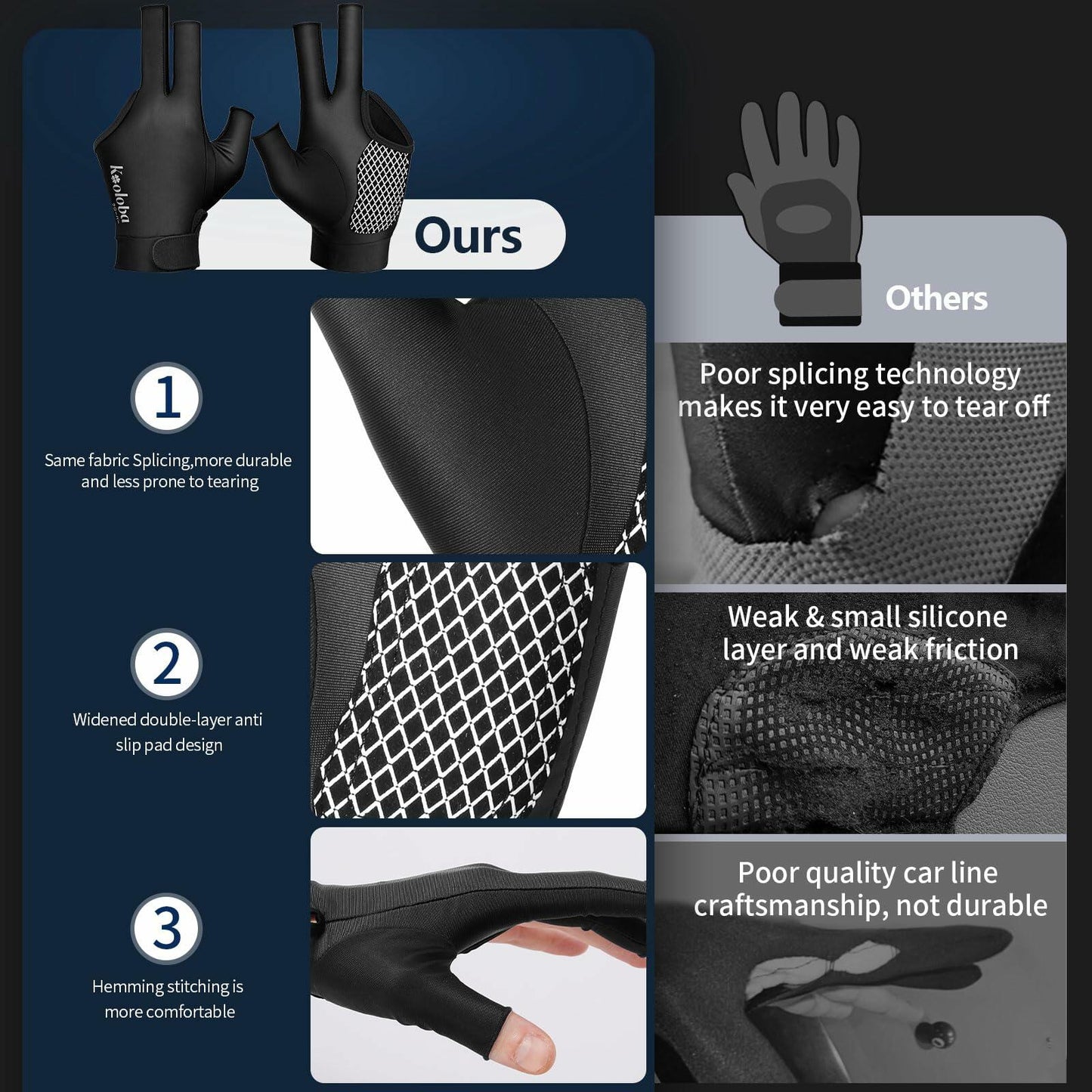 Kooloba Pool Glove Left Hand 3 Finger Snooker Billiards Adjustable Velcro Blue M