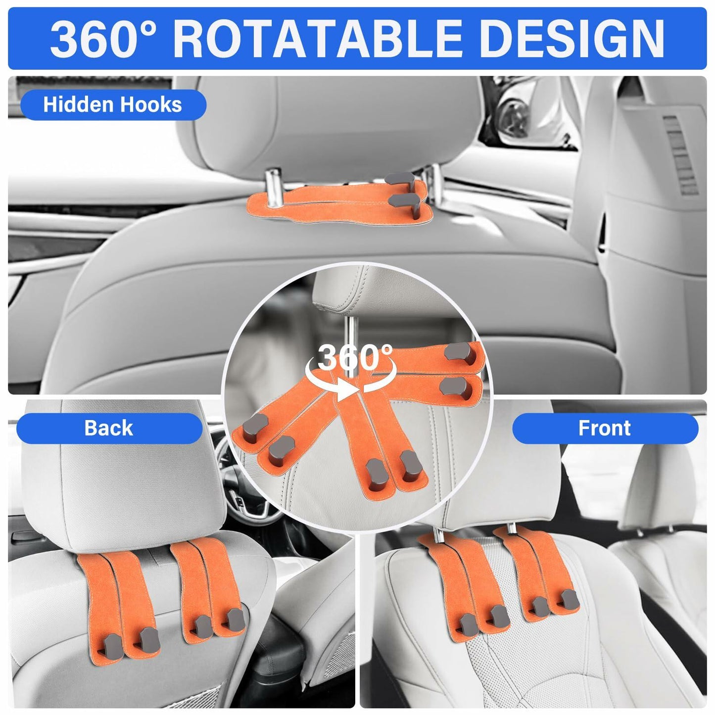 MMonDod 2 PCS Car Headrest Hooks Double Metal Holder Orange 4 Hooks