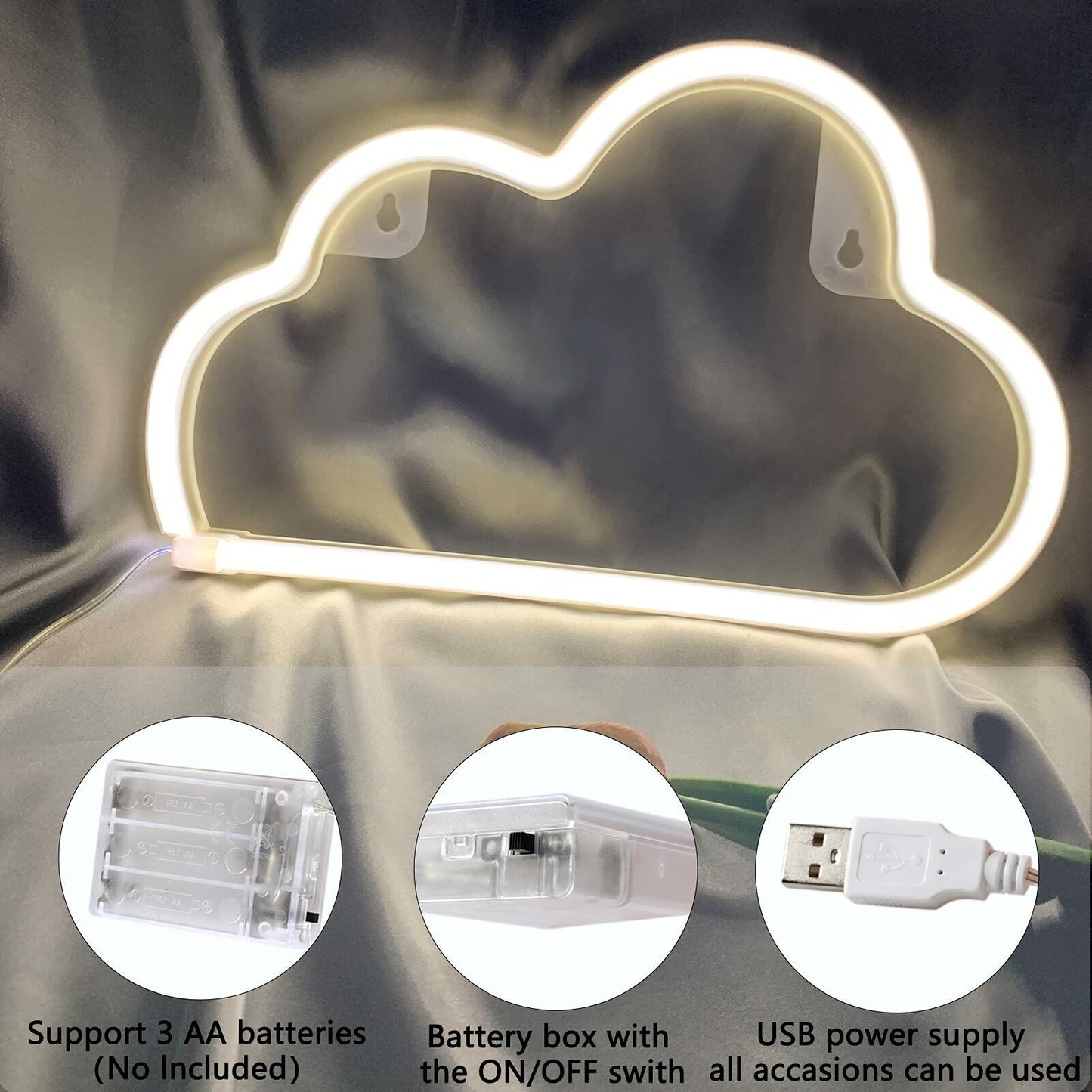 [Like New] BerniceKelly Cloud Neon Signs LED Wall Decor Battery USB Powered White