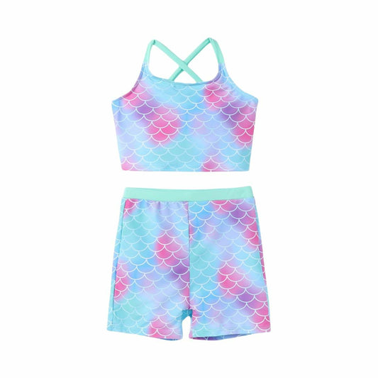 PATPAT Girls 2-Piece Tankini Swimsuit Set Light Green Fish Mermaid Size 6-7