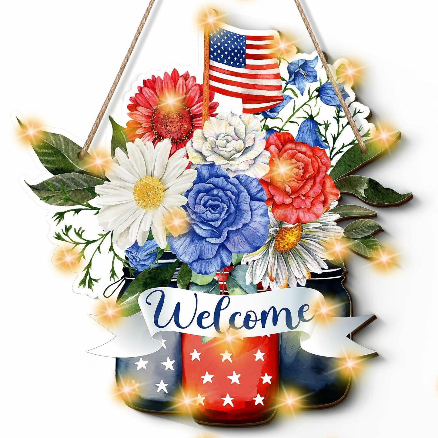 Wayyogh 4th of July Door Sign 11.4in Wooden Flag Flower Wreath Red Blue