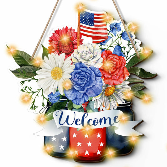 Wayyogh 4th of July Door Sign 11.4in Wooden Flag Flower Wreath Red Blue