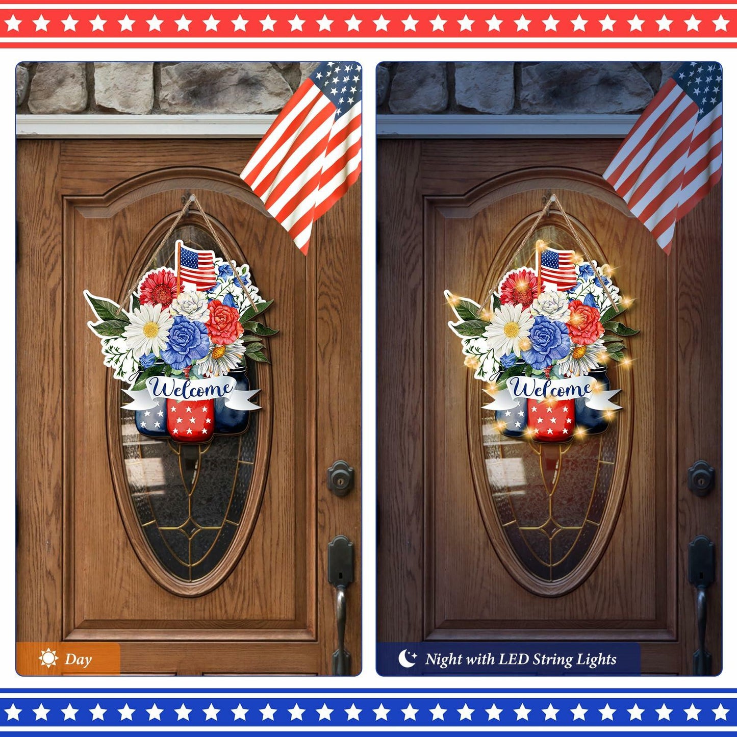 Wayyogh 4th of July Door Sign 11.4in Wooden Flag Flower Wreath Red Blue