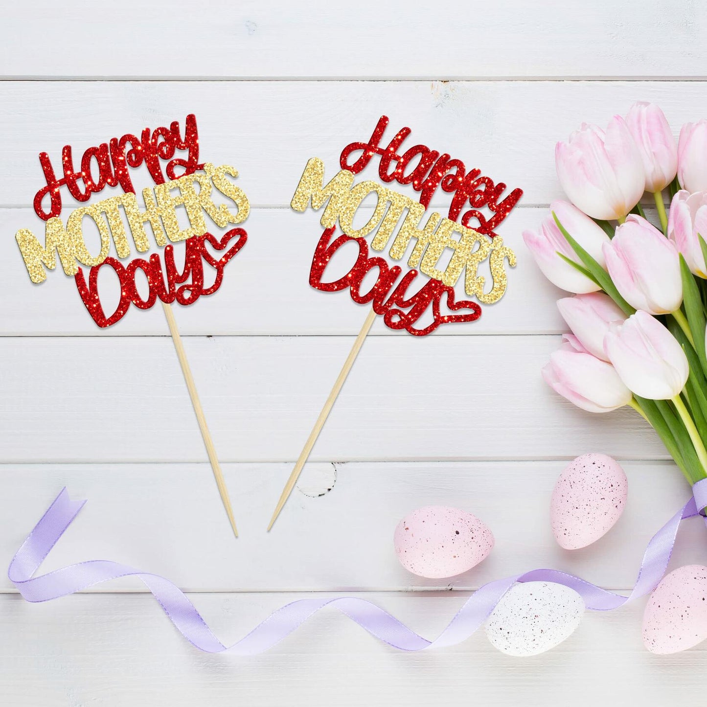 Ephlyn 24pcs Mother’s Day Cupcake Toppers Glitter Butterfly Pink Cake Decor