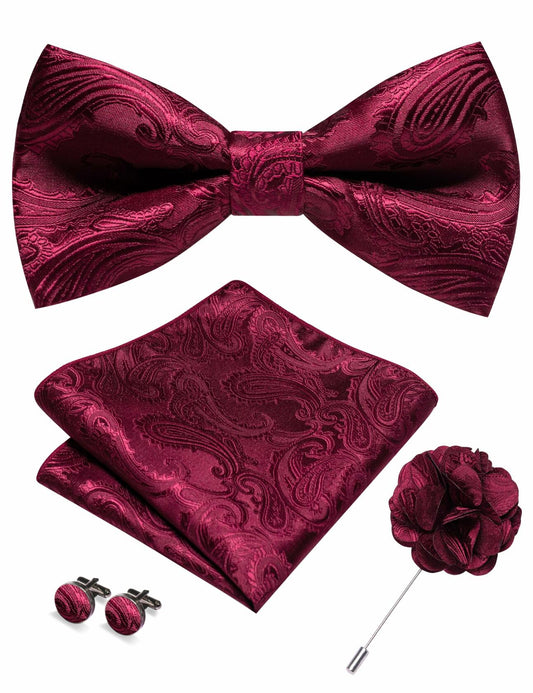 RBOCOTT Champagne Paisley Bow Tie Pocket Square Lapel Pin Cufflinks Set