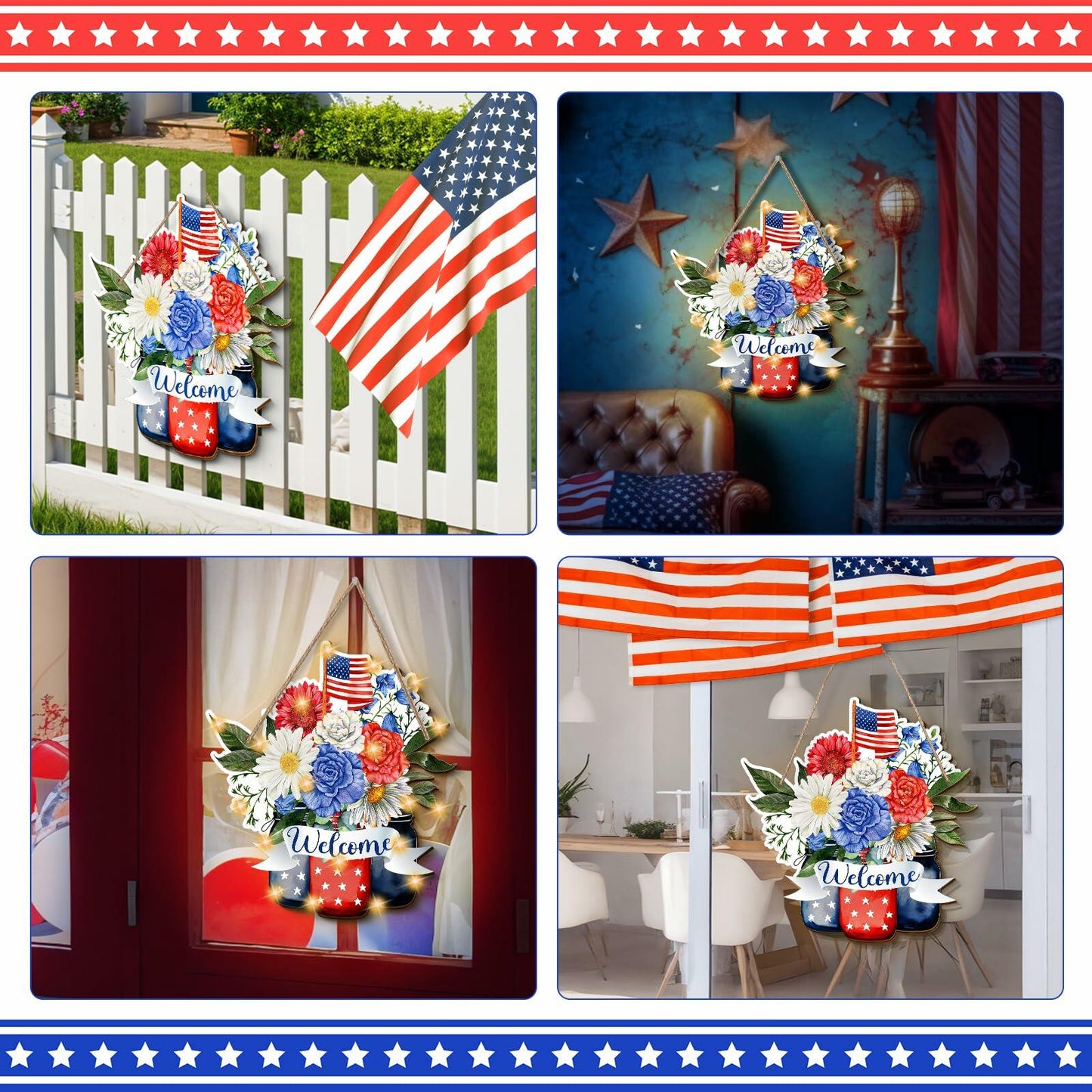 Wayyogh 4th of July Door Sign 11.4in Wooden Flag Flower Wreath Red Blue