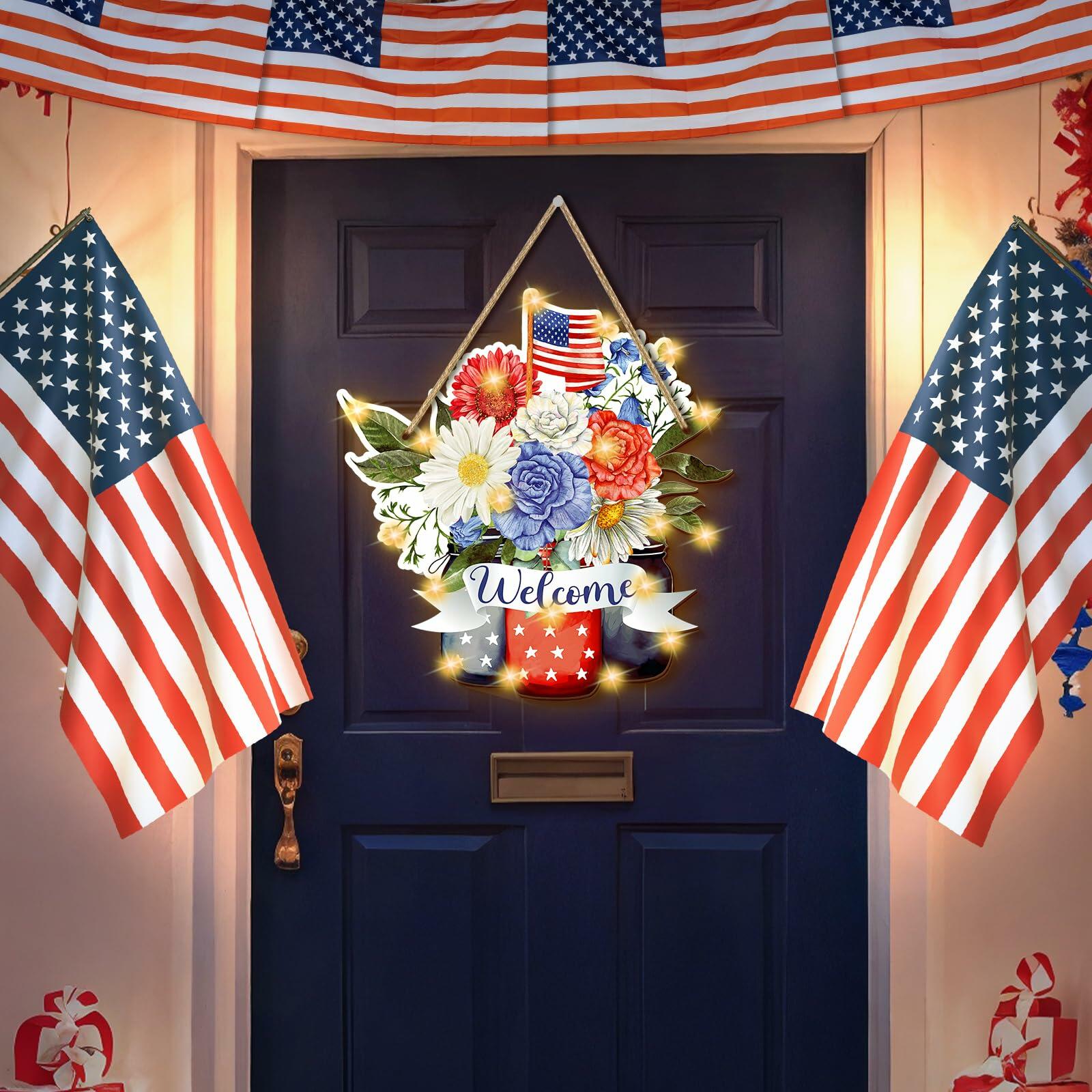 Wayyogh 4th of July Door Sign 11.4in Wooden Flag Flower Wreath Red Blue