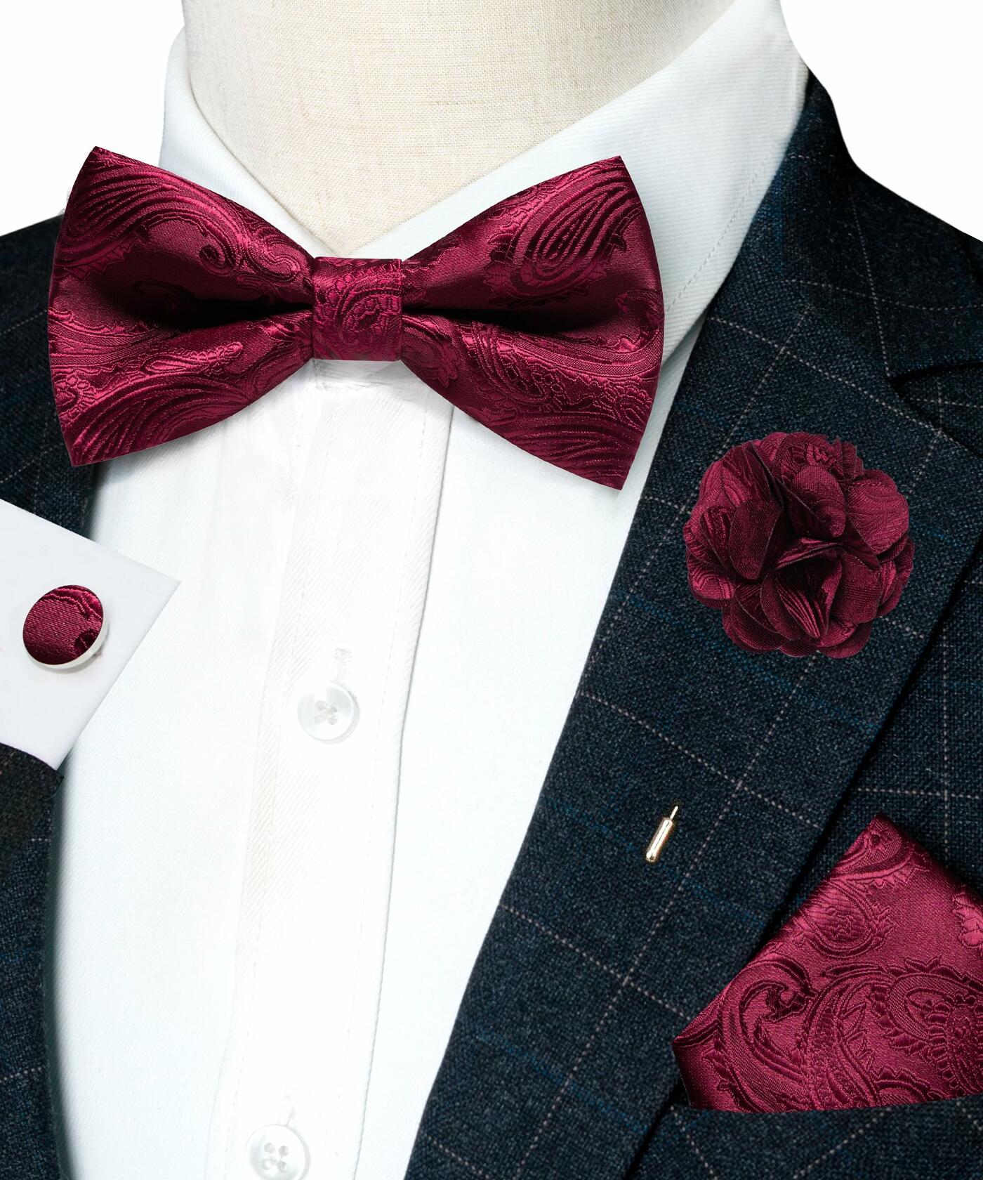 RBOCOTT Champagne Paisley Bow Tie Pocket Square Lapel Pin Cufflinks Set