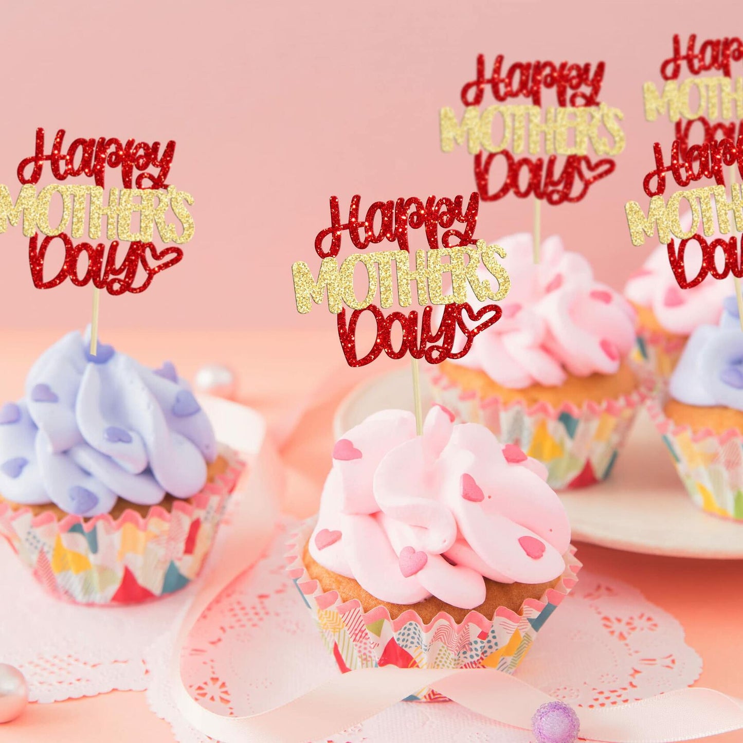 Ephlyn 24pcs Mother’s Day Cupcake Toppers Glitter Butterfly Pink Cake Decor