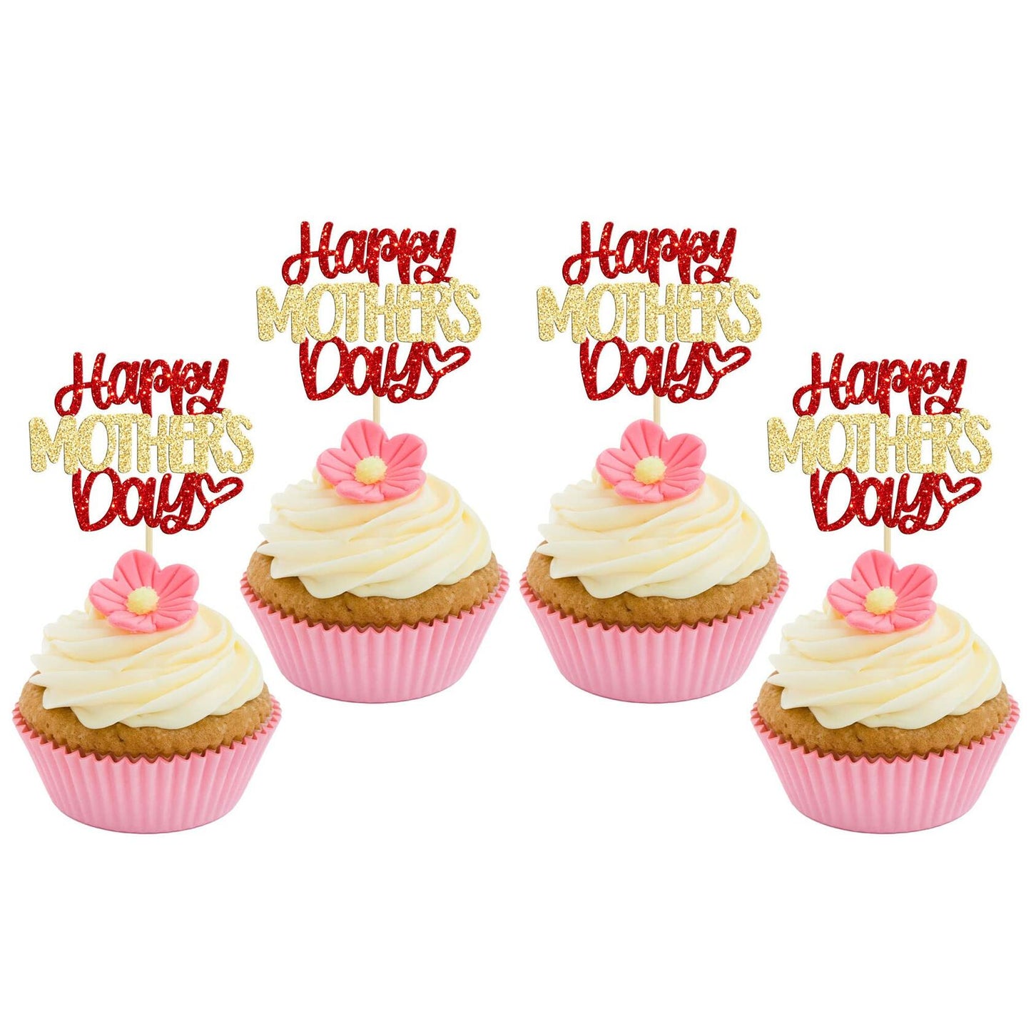 Ephlyn 24pcs Mother’s Day Cupcake Toppers Glitter Butterfly Pink Cake Decor