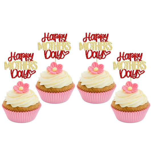 Ephlyn 24pcs Mother’s Day Cupcake Toppers Glitter Butterfly Pink Cake Decor