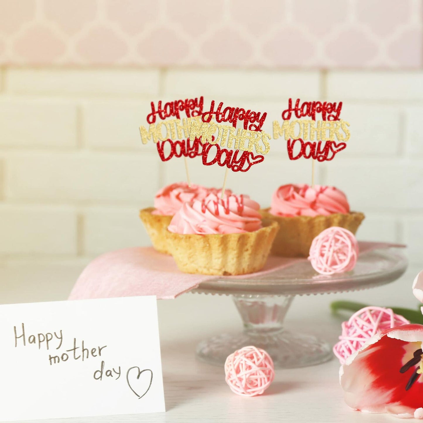 Ephlyn 24pcs Mother’s Day Cupcake Toppers Glitter Butterfly Pink Cake Decor