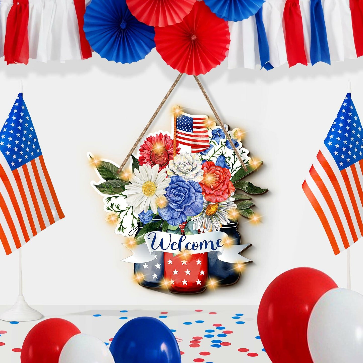 Wayyogh 4th of July Door Sign 11.4in Wooden Flag Flower Wreath Red Blue