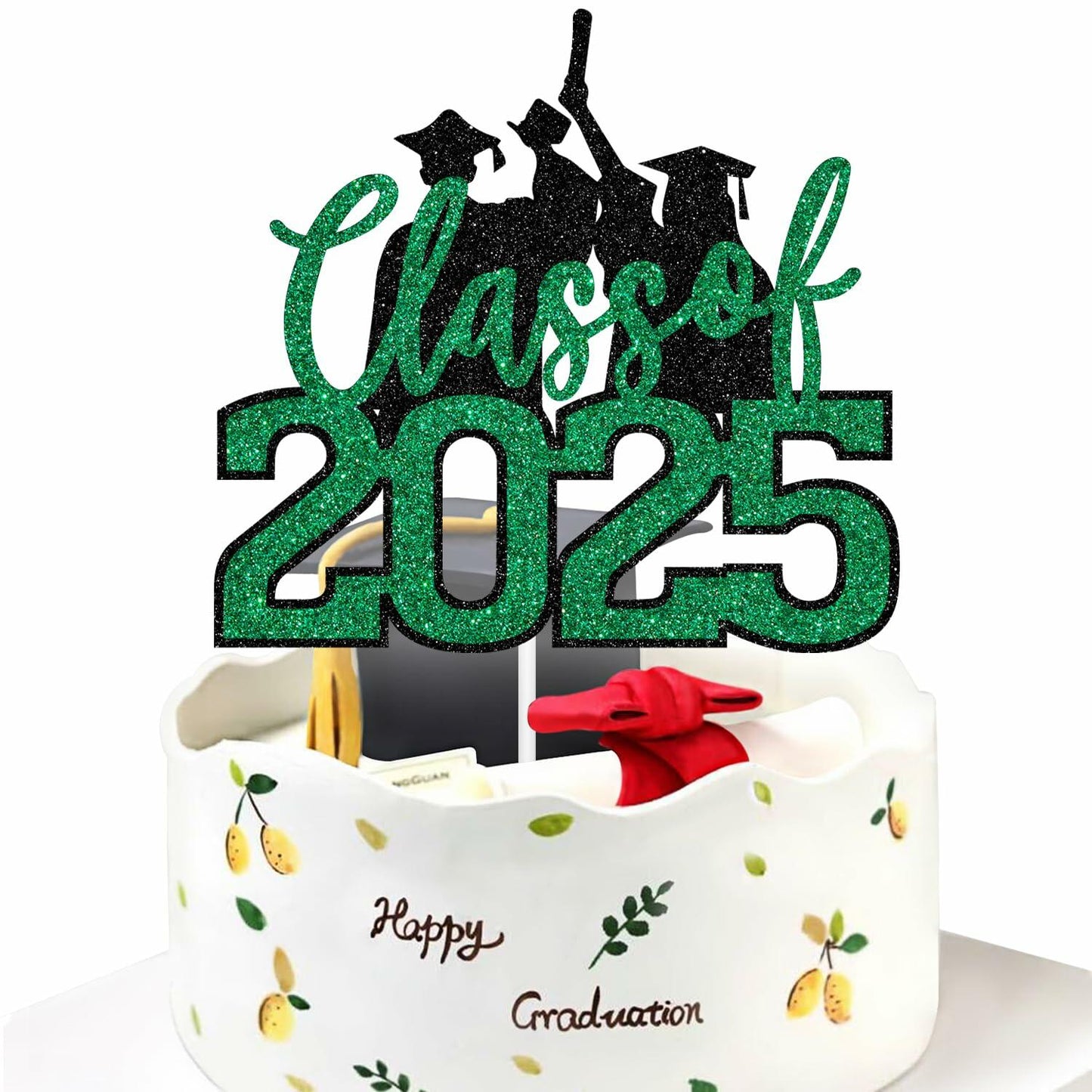 RLXPT Class of 2025 Cake Topper Graduation Party Decor Black Green Glitter