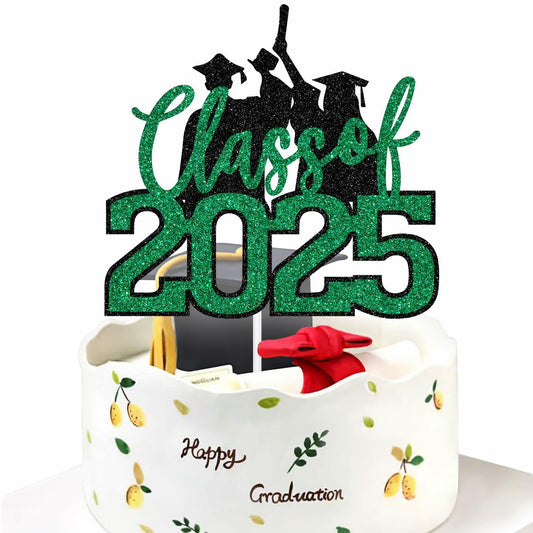 RLXPT Class of 2025 Cake Topper Graduation Party Decor Black Green Glitter