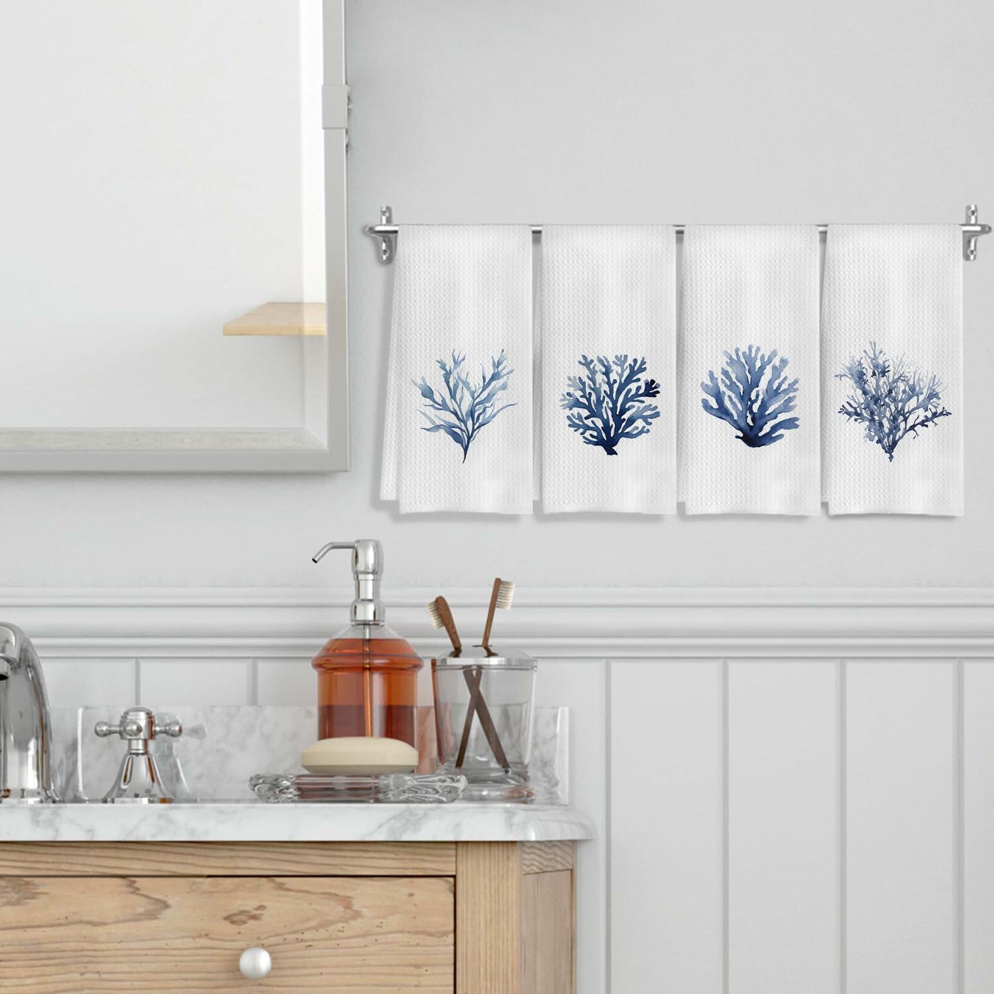 COWEB Coastal Beach Kitchen Towels Set of 4 Blue Coral Hand Towels 16x24in