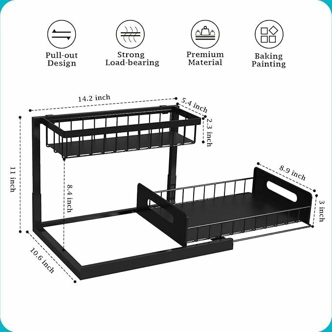 [Like New] NGR Under Sink Organizer Cabinet Storage Shelf Black 14.2x10.6x11in
