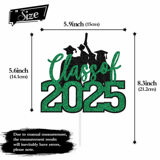 RLXPT Class of 2025 Cake Topper Graduation Party Decor Black Green Glitter