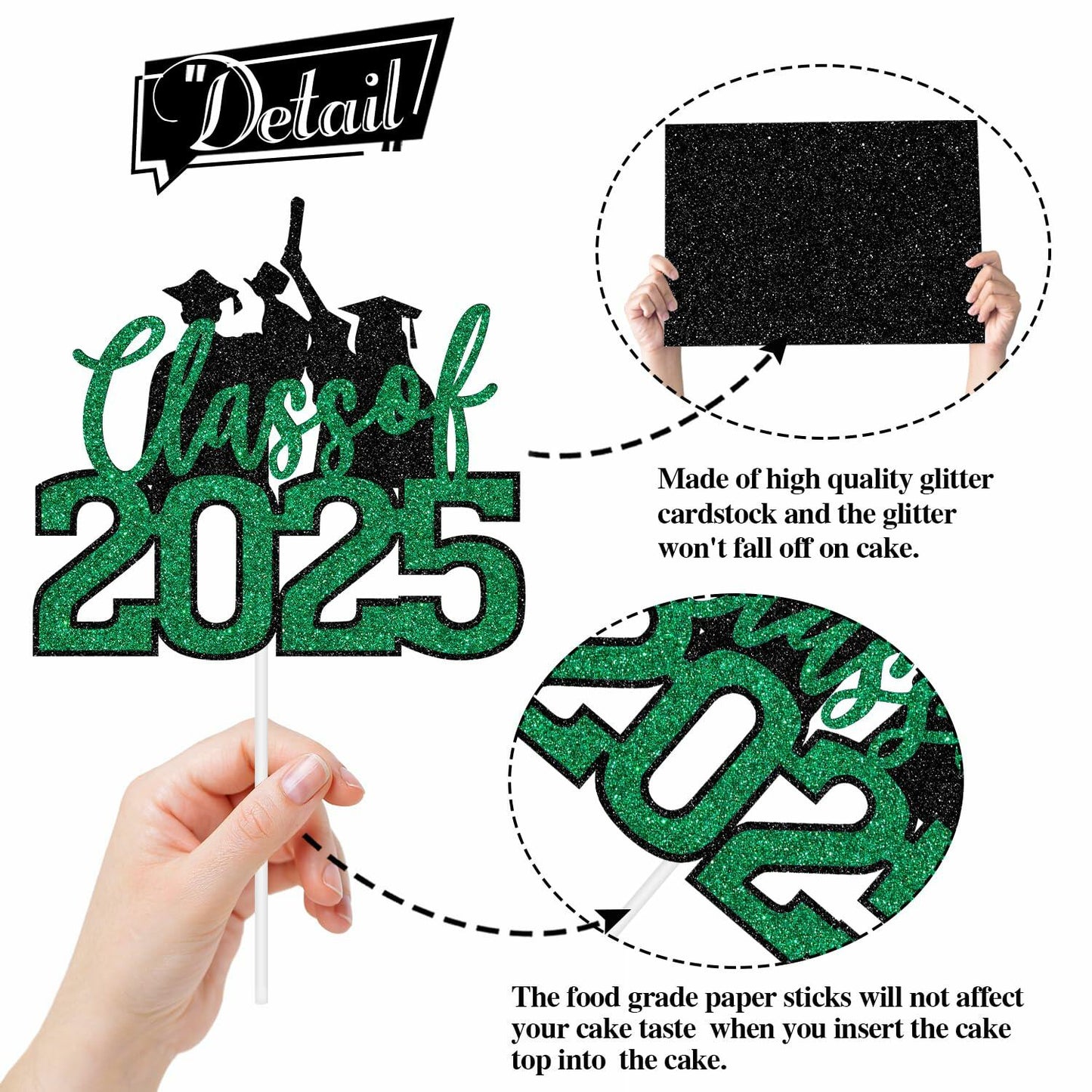 RLXPT Class of 2025 Cake Topper Graduation Party Decor Black Green Glitter