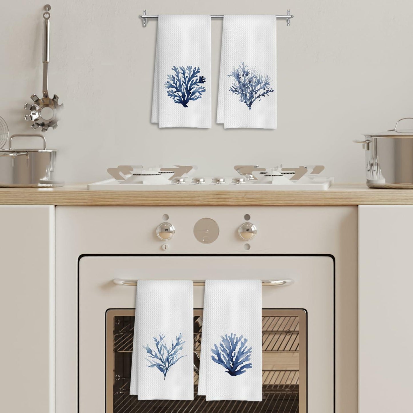 COWEB Coastal Beach Kitchen Towels Set of 4 Blue Coral Hand Towels 16x24in