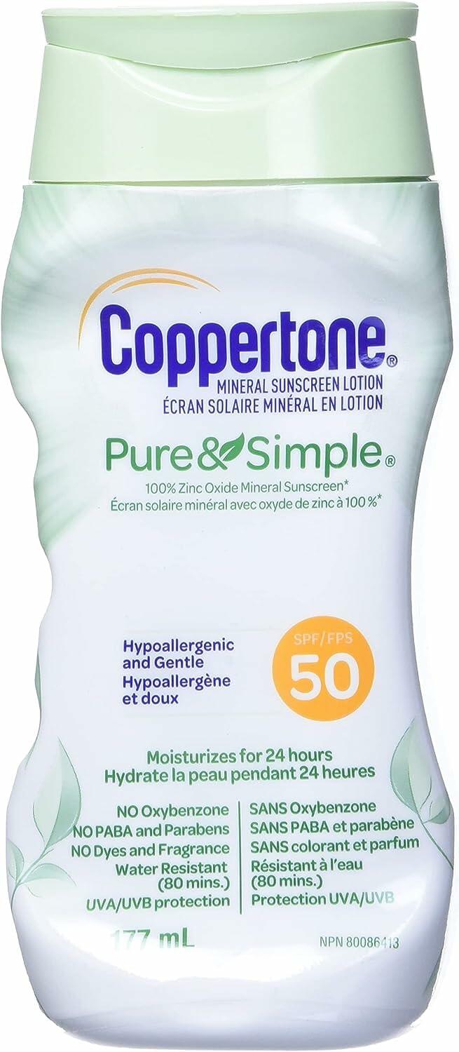 Coppertone Pure and Simple Zinc Oxide Mineral Sunscreen SPF 50 6oz 3 Pack