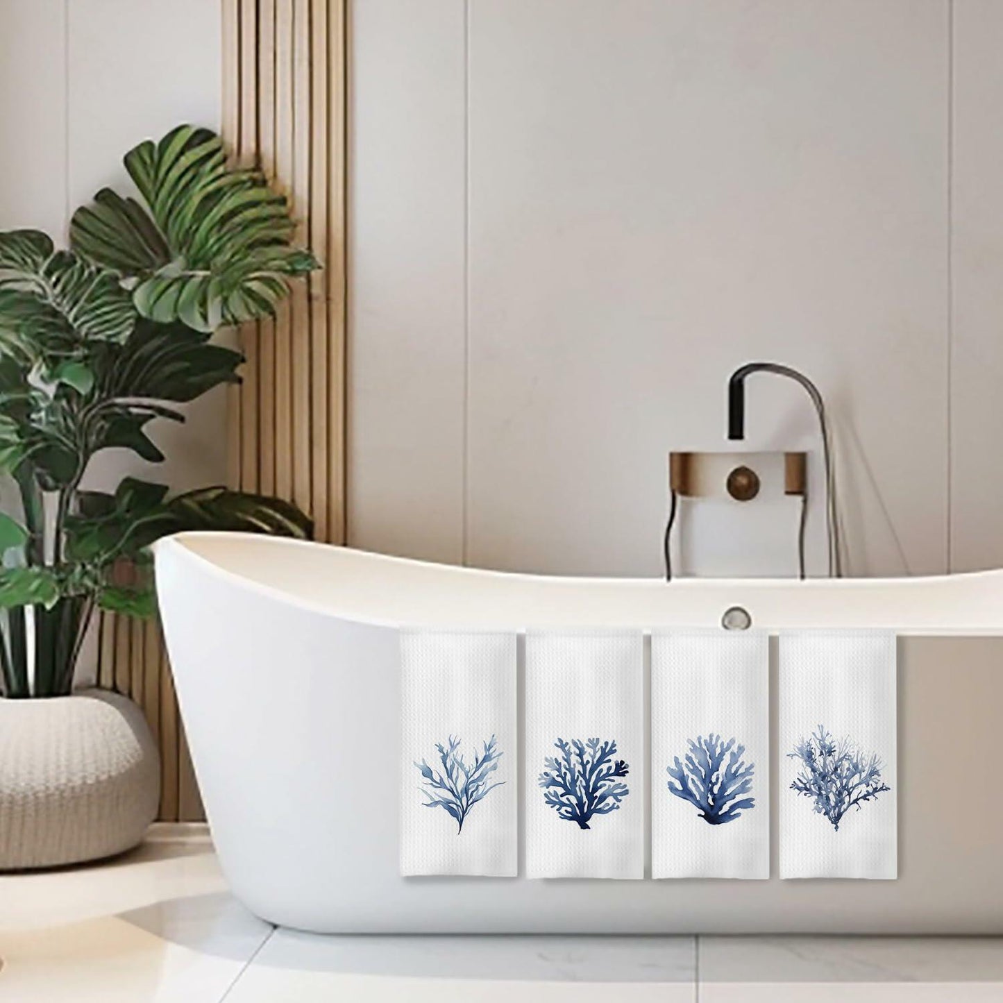 COWEB Coastal Beach Kitchen Towels Set of 4 Blue Coral Hand Towels 16x24in