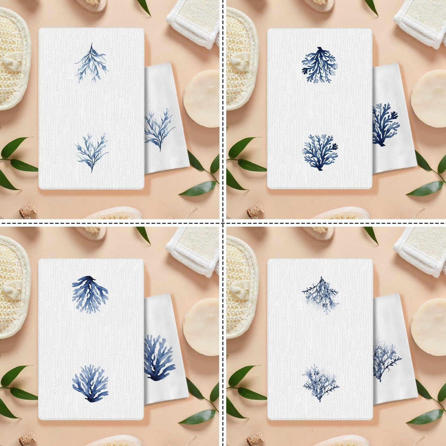 COWEB Coastal Beach Kitchen Towels Set of 4 Blue Coral Hand Towels 16x24in