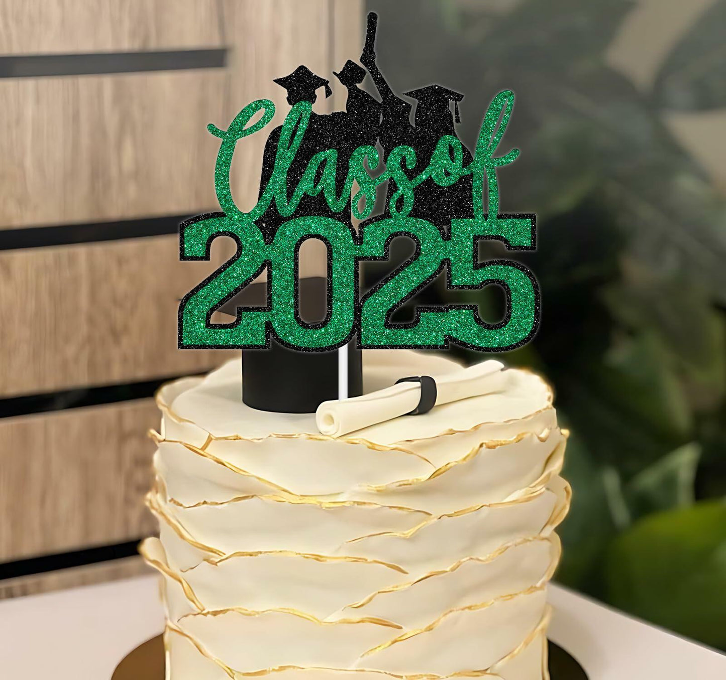 RLXPT Class of 2025 Cake Topper Graduation Party Decor Black Green Glitter