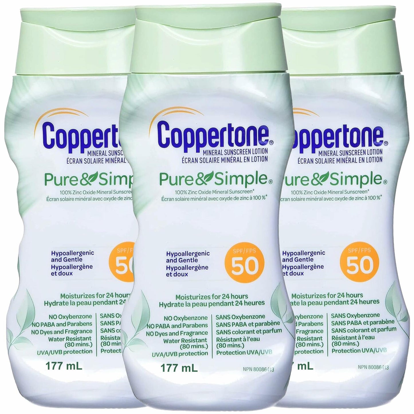 Coppertone Pure and Simple Zinc Oxide Mineral Sunscreen SPF 50 6oz 3 Pack