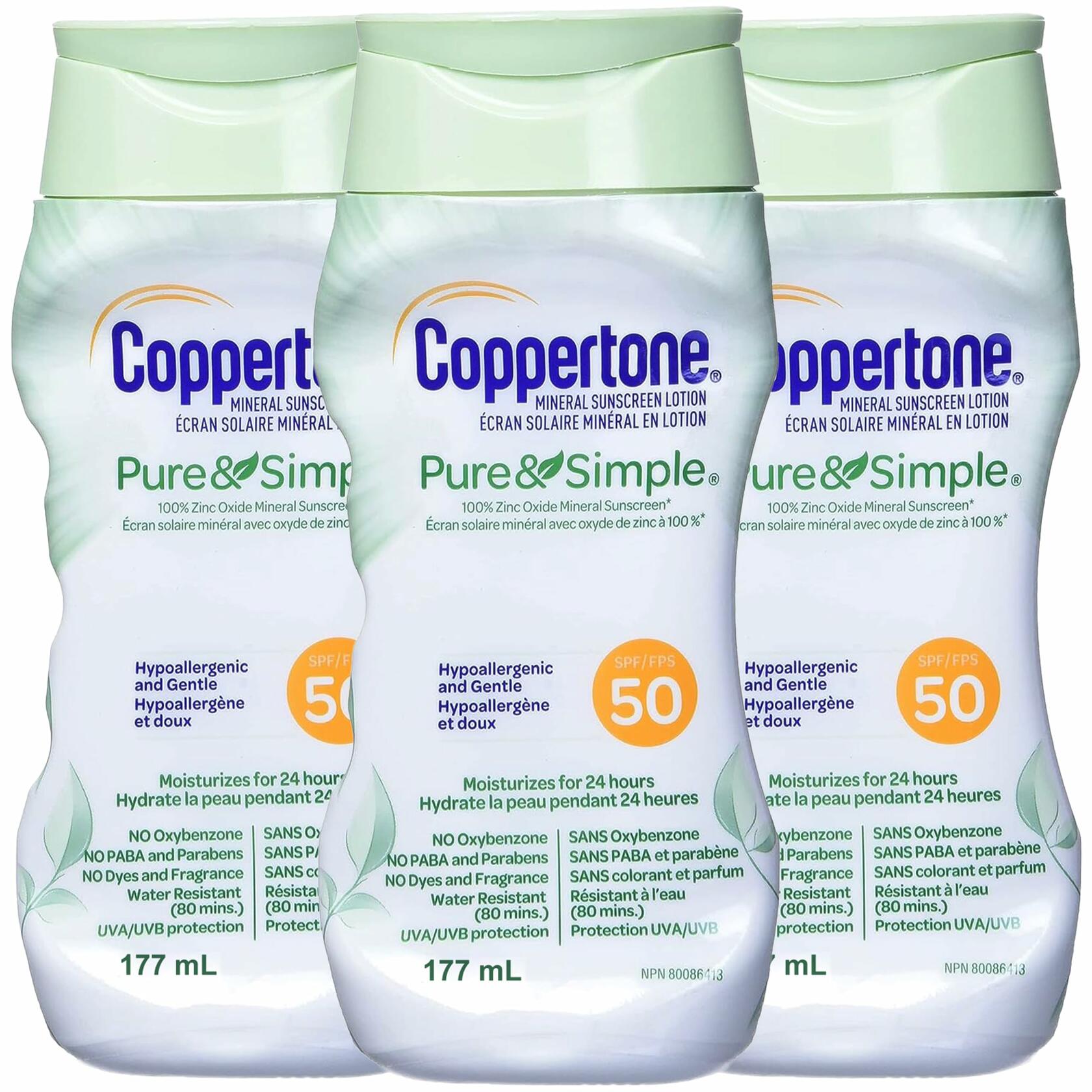 Coppertone Pure and Simple Zinc Oxide Mineral Sunscreen SPF 50 6oz 3 Pack