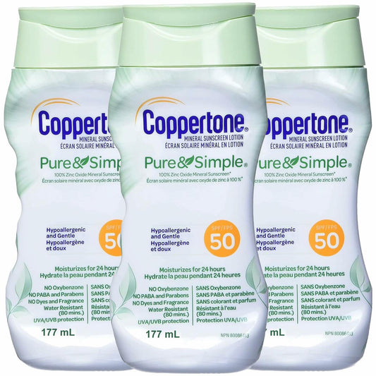 Coppertone Pure and Simple Zinc Oxide Mineral Sunscreen SPF 50 6oz 3 Pack