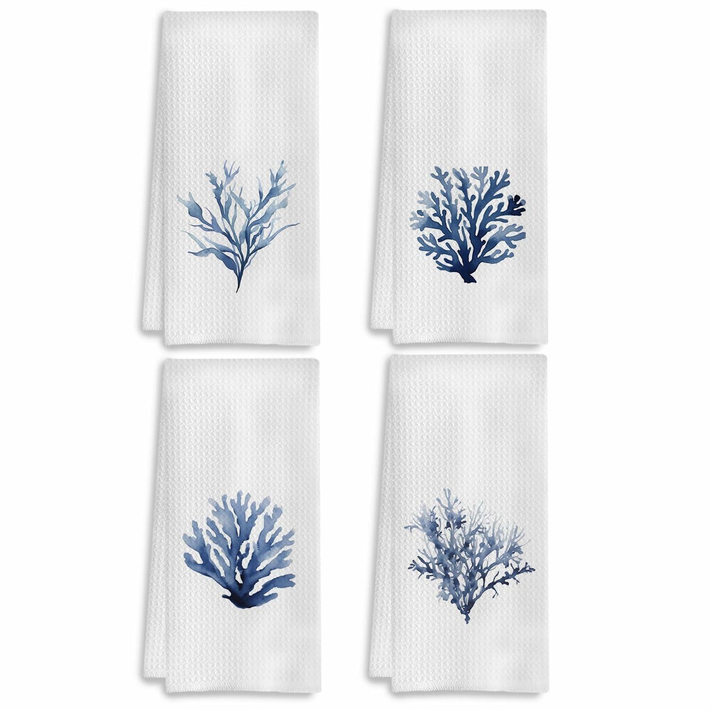COWEB Coastal Beach Kitchen Towels Set of 4 Blue Coral Hand Towels 16x24in