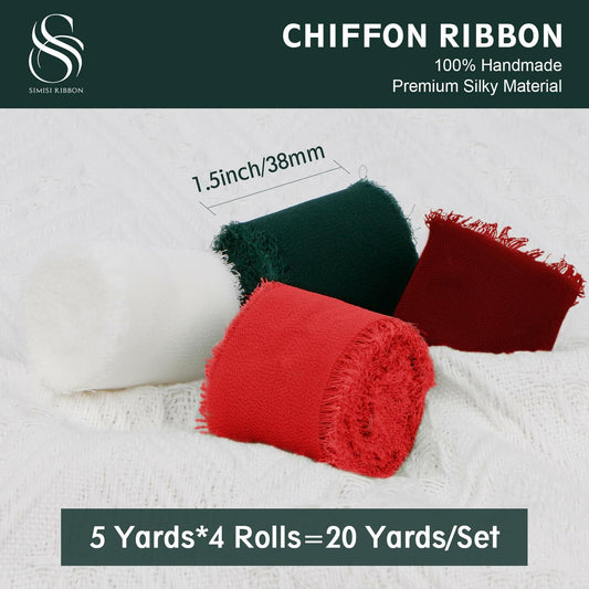 SIMISI RIBBON Christmas Chiffon Silk Ribbon 1.5'' 5 Yards x4 Rolls Green Red