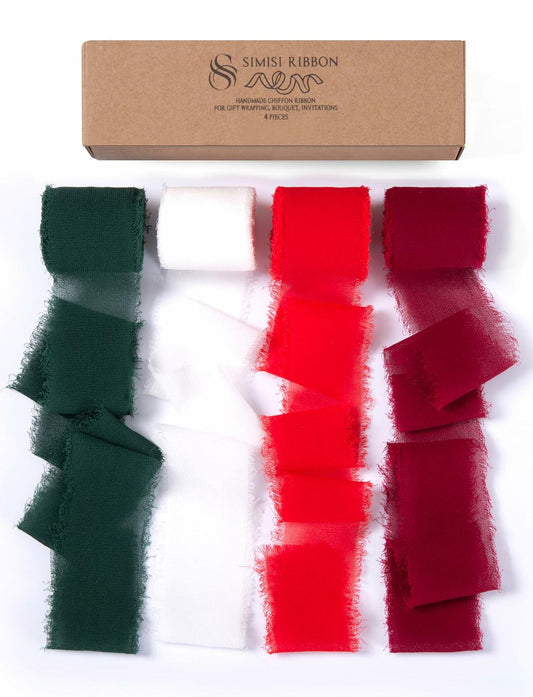 SIMISI RIBBON Christmas Chiffon Silk Ribbon 1.5'' 5 Yards x4 Rolls Green Red