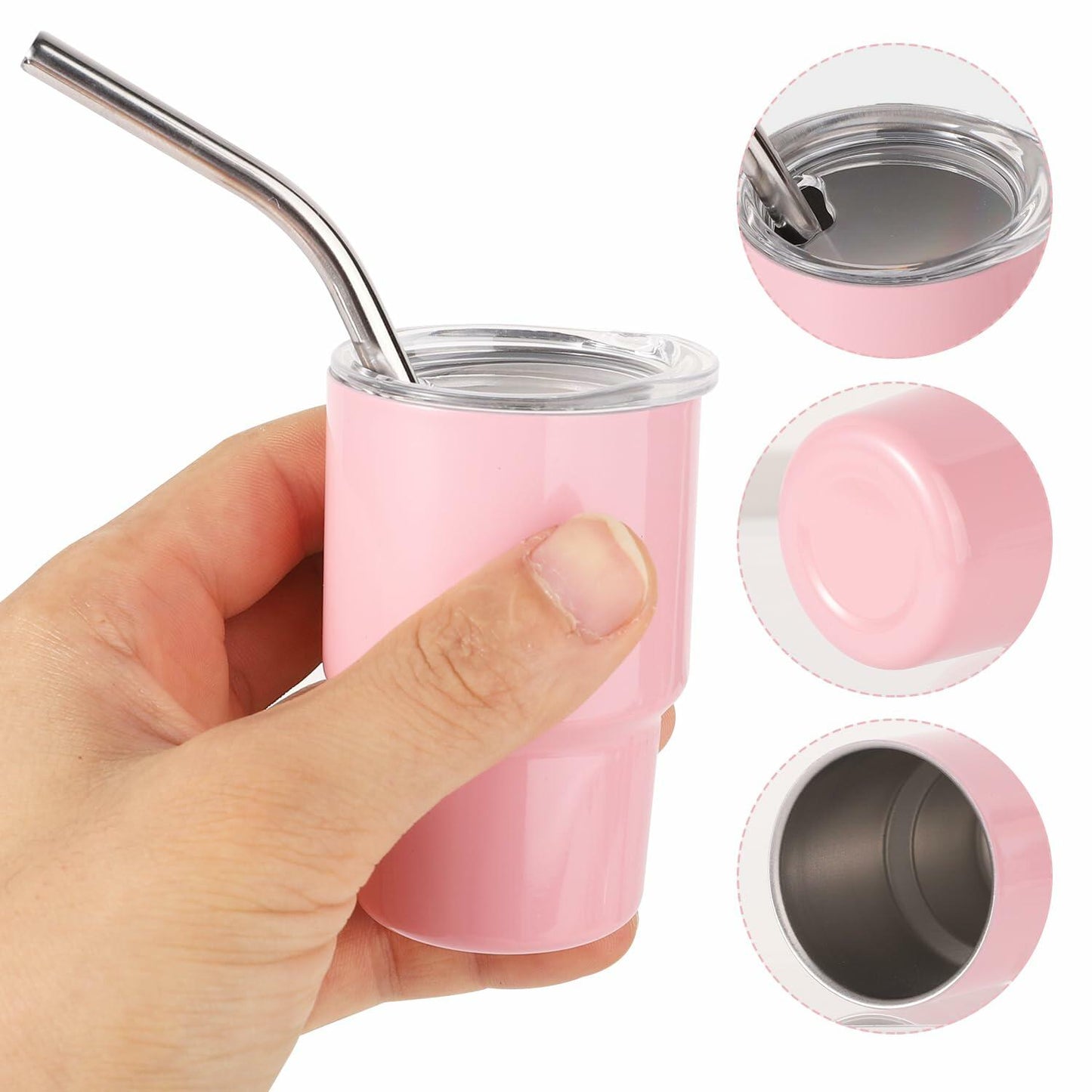 SAVITA Mini Tumbler Shot Glass Set 3oz Pink Stainless Steel with Lids Straw
