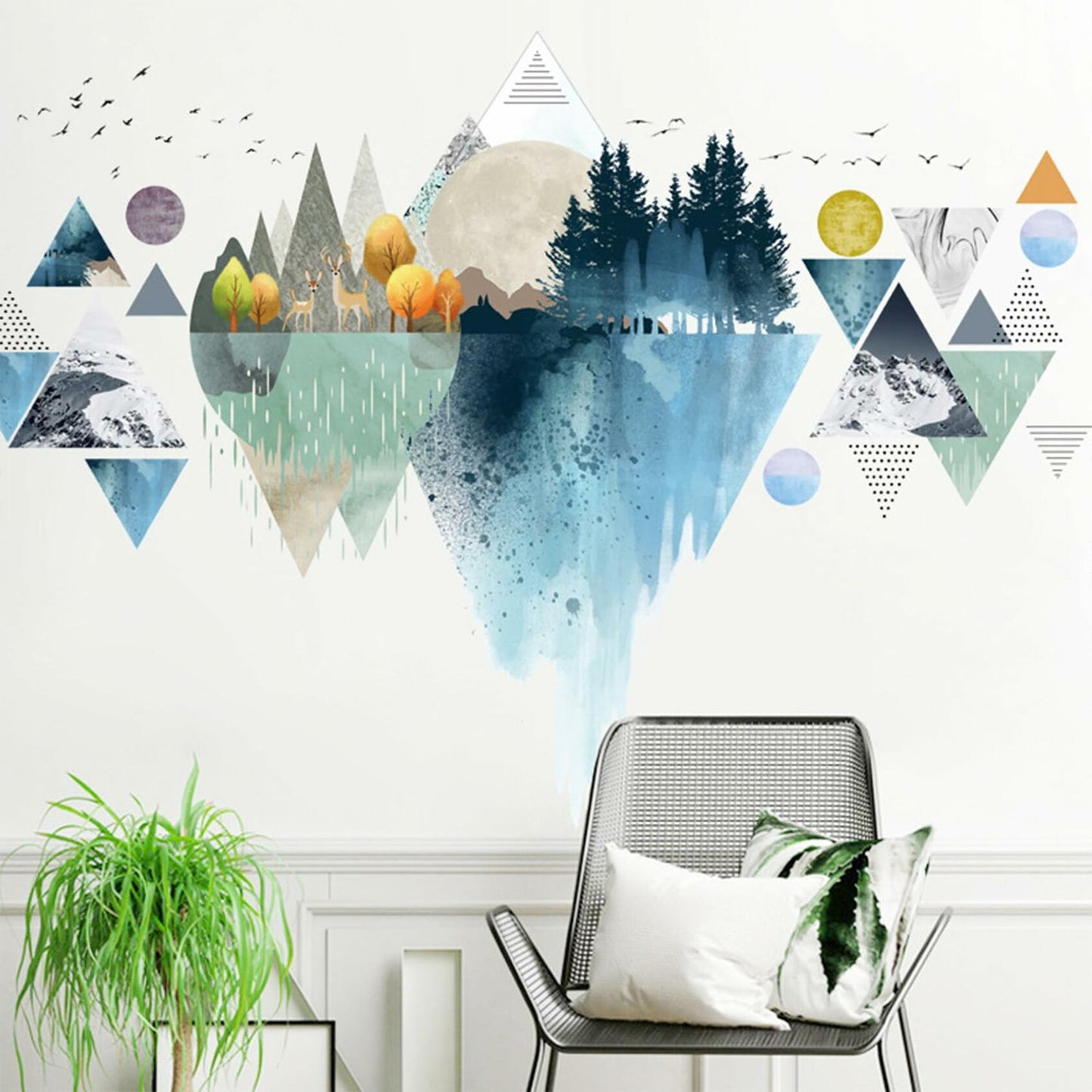 Nordic Geometric Mountain Reflection Wall Stickers Removable Blue Vinyl