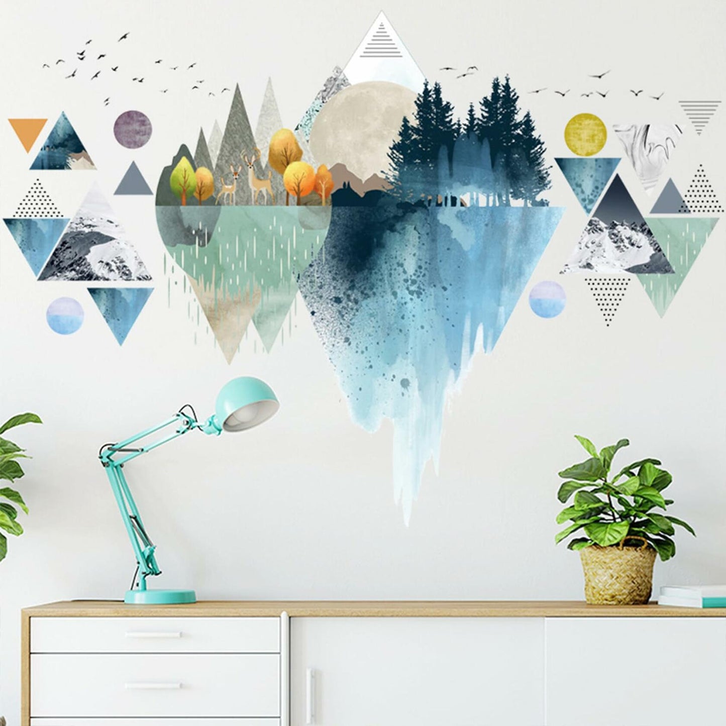 Nordic Geometric Mountain Reflection Wall Stickers Removable Blue Vinyl