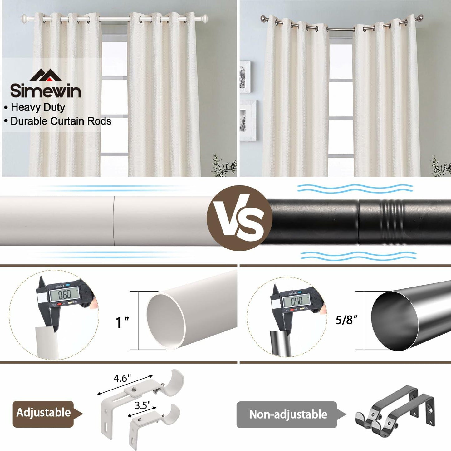 [Like New] SIMEWIN White Adjustable Curtain Rod 48-84in 1in Diameter Single Set